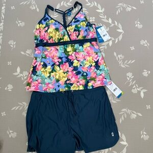 Free Country Floral women’s 1X Swim Set Blooms Wisteria Tankini Slate Shorts NWT
